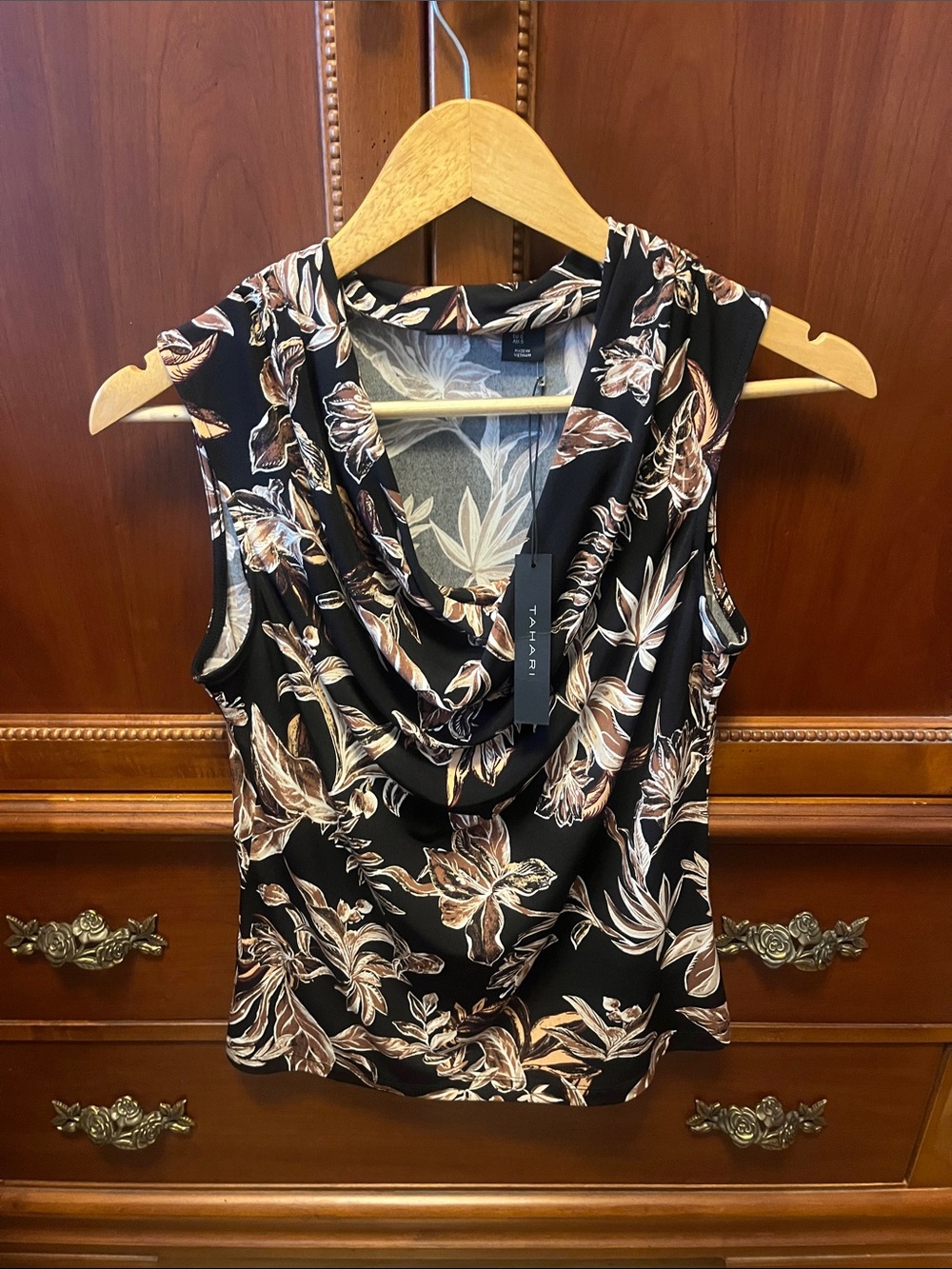 Tahari Black Floral Cowl Neck Shell with Brown and Cream Accents